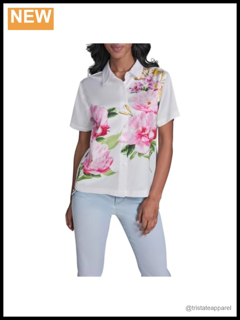 Karl Lagerfeld Womens Short Sleeve Floral Blouse Button Down Shirt